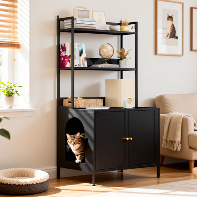 Modern Metal Cat Litter Box Enclosure with Shelves, Dog Proof, Assembly Required, Black
