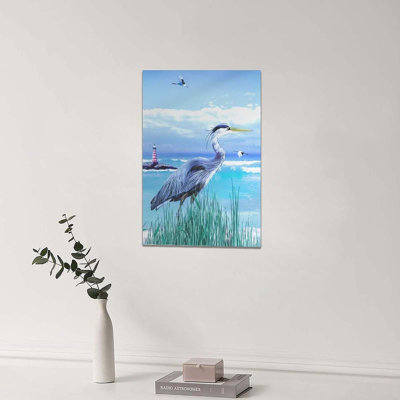 «Coastal Bathroom Wall Art Sea Bird Wall Decor», héron bleu, océan, phare, reproduction d'art sur toile encadrée pour le salon, la chambre à coucher, la salle de bain, 16 po x 24 po