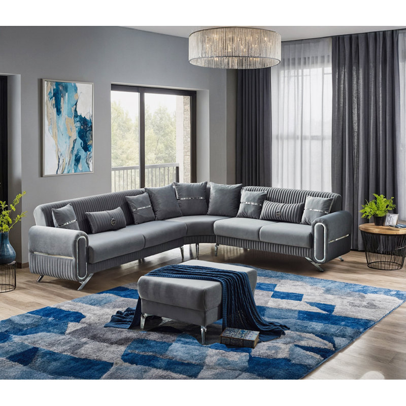 Canapé modulaire 3 pièces Devlynn, Velours gris, Argent