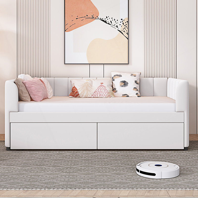 Lit de jour moderne tapissier simple avec dossier ergonomique et 2 tiroirs, Beige