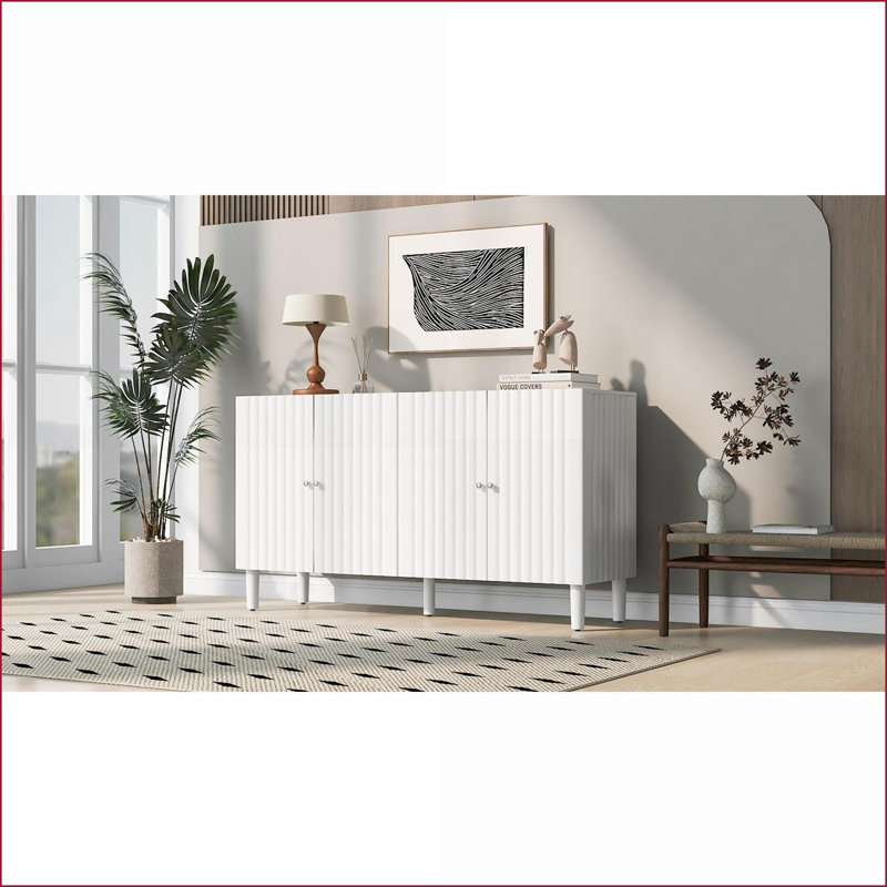 Buffet avec 4 portes ondulées | Armoire de rangement moderne | Bois aggloméré / bois d'hévéa | Tablettes réglables, Blanc