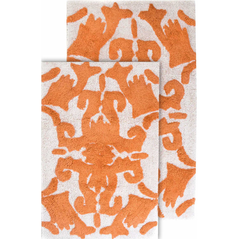 Elar Turkish Cotton Non-Slip Bath Rug, White / Coral