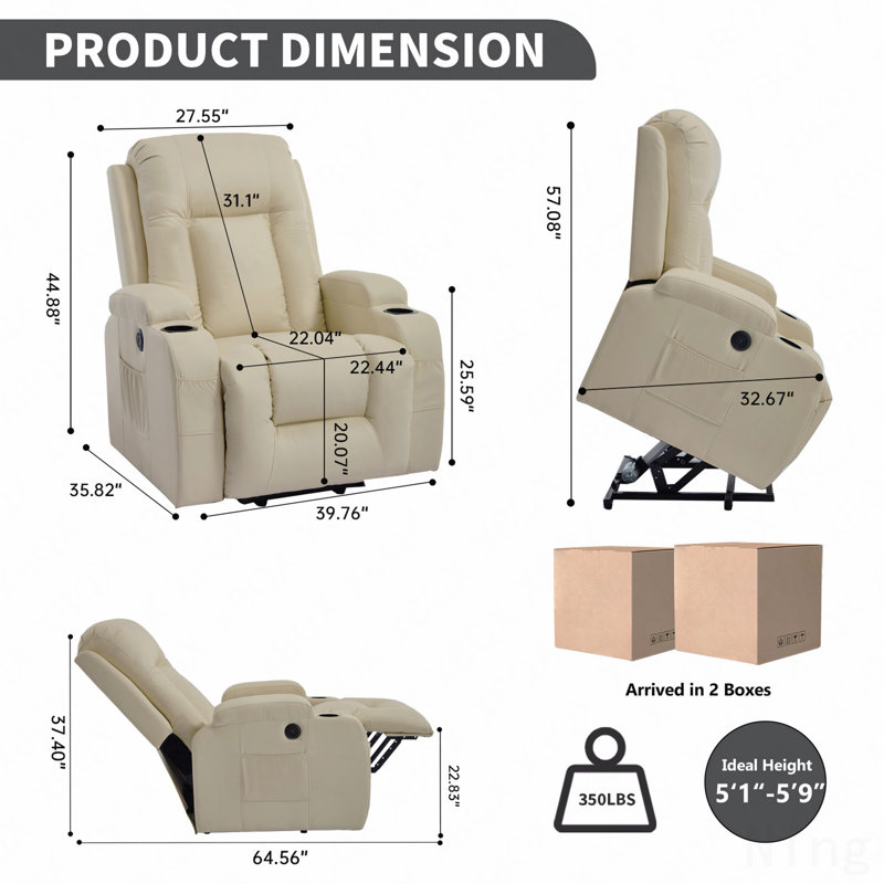PU Power Lift Recliner - 8-Point Massage, Lumbar Heating, USB, Cup Holders, Infinite Position, Beige