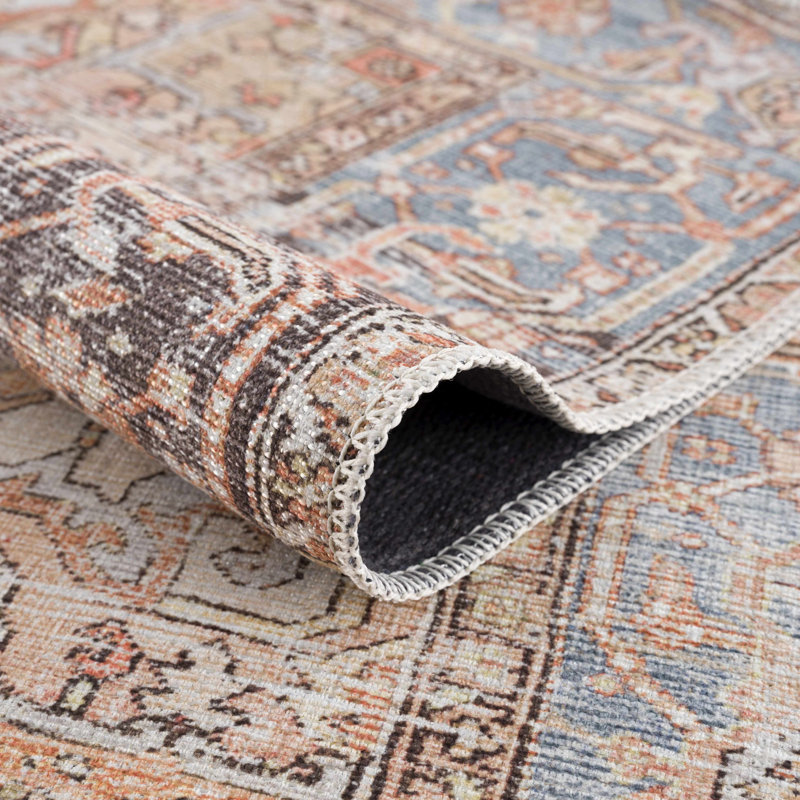 Eira Light Blue and Rust Polyester Washable Area Rug