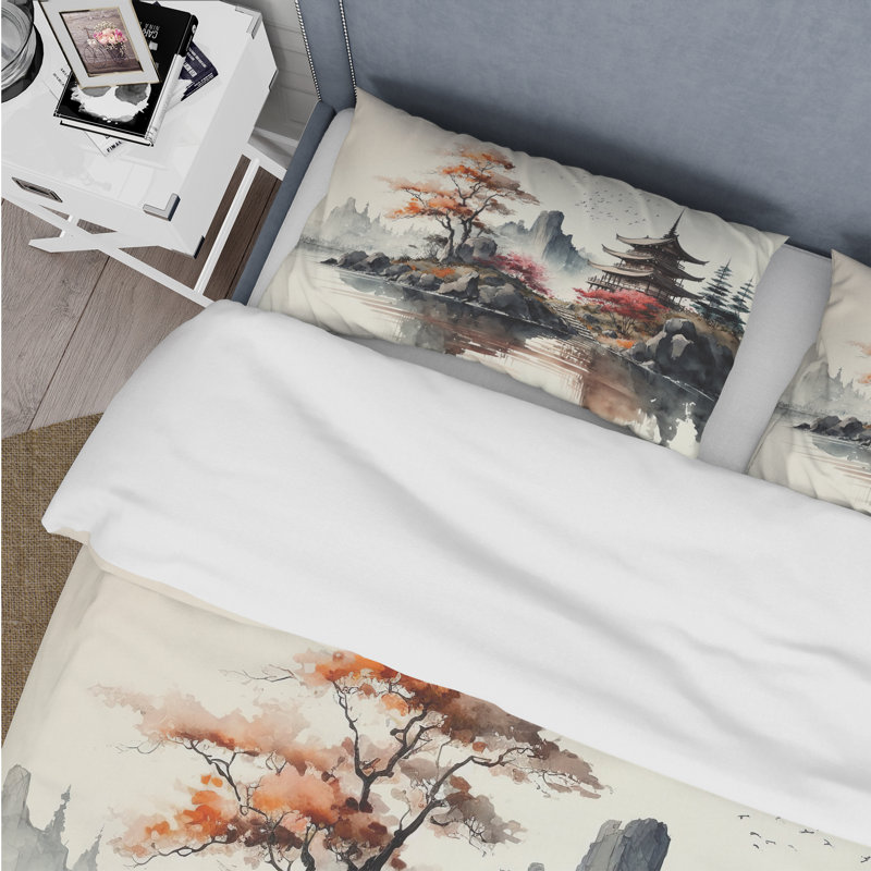 Watercolor Japanese Landscape I - Ensemble de housse de couette paysages - Microfibre de polyester