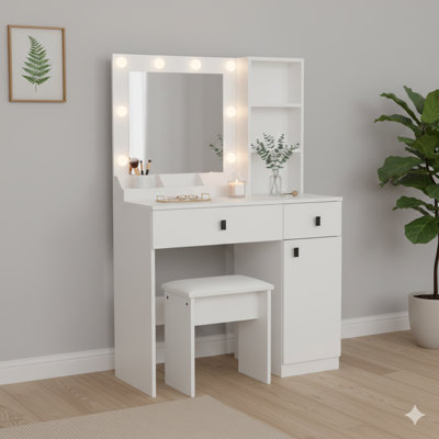 Vanity Desk With Integrated Lighting, A Vanity Set With A Mirror. This Makeup Vanity Desk Features Large Drawers And A Three-Tier Storage Dresser. The Vanity Offers Three Adjustable Brightness Levels For Bedroom Use, In White.