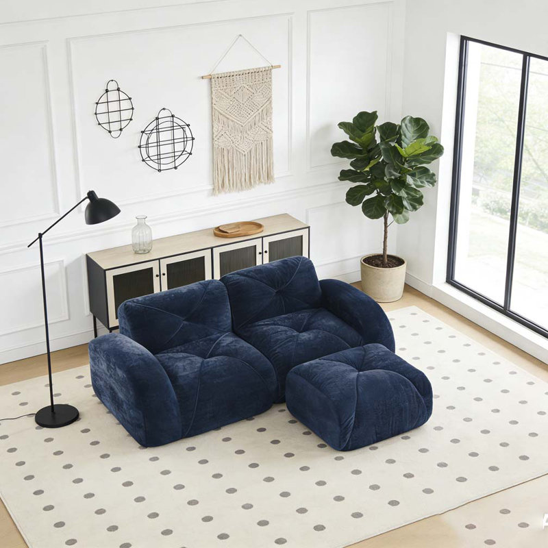 Velvet Fabric Sofa, Blue, 29.9" H x 80.3" W x 37.4" D