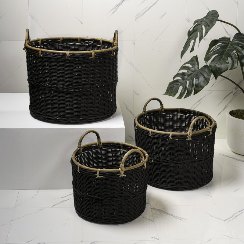 Ensemble de 3 paniers de rangement en rotin tissés à la main avec poignées Vista Bohemian Cottage (ensemble de 3), Noir