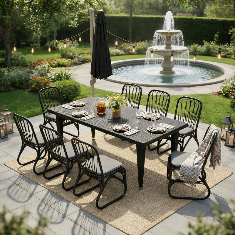 Ensemble de salle à manger 9 pièces pour table de patio rectangulaire en osier 9 pièces de 73,5 pouces avec chaises et coussins en rotin 9 pièces