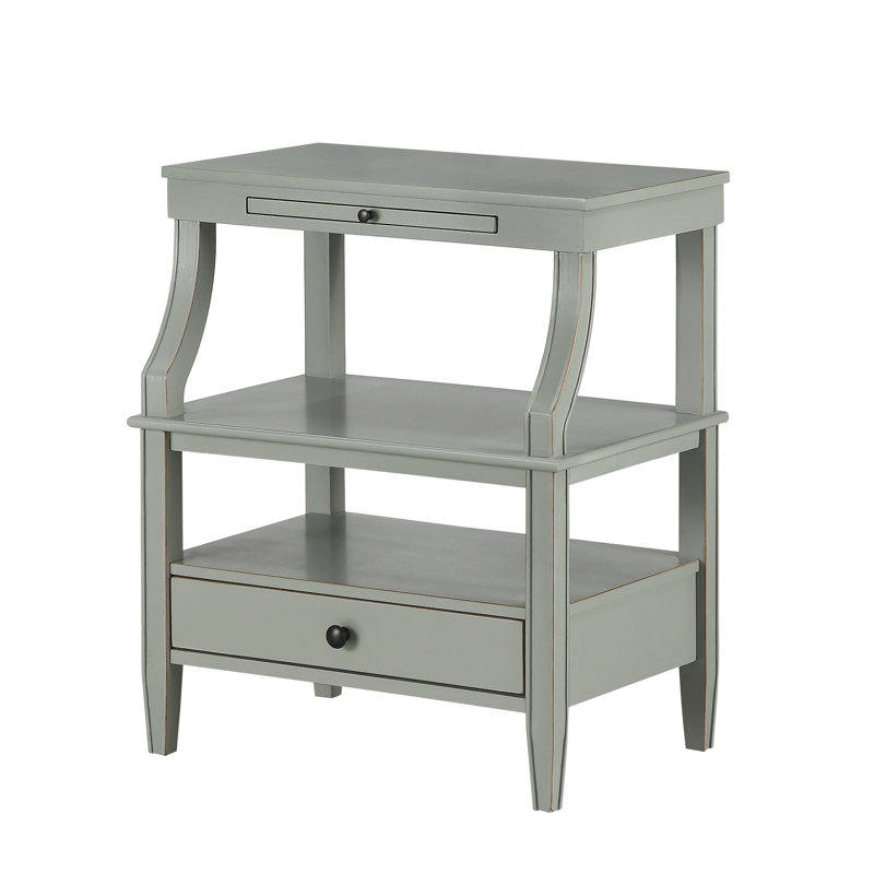 Table de chevet avec tiroir et plateau escamotable d'apparence cannelée en gris antique, Gris antique