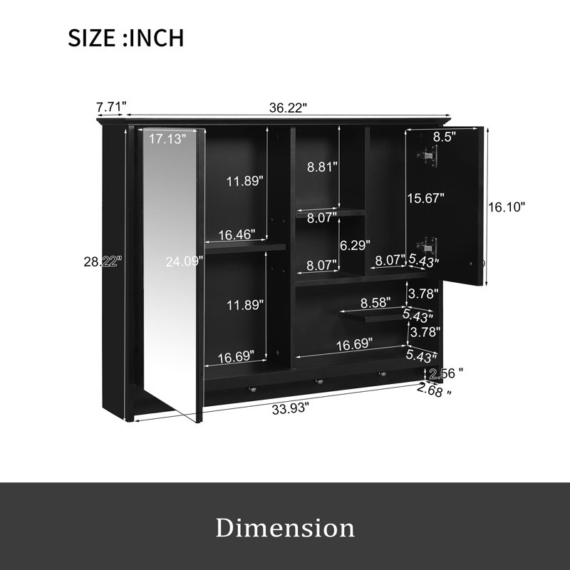 Armoire à pharmacie murale de 36 pouces, armoire de rangement pour salle de bain avec porte miroir et tablette ajustable, armoire à miroir pour salle de bain