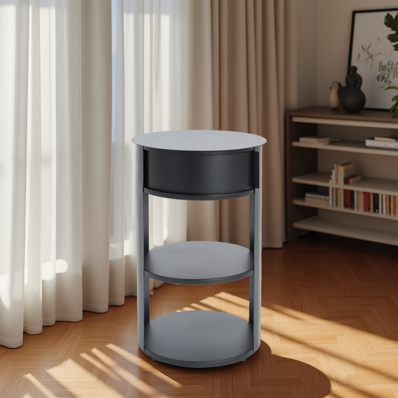 Table d'appoint ronde d'intérieur en métal à 3 niveaux avec armoire à porte coulissante, Noir