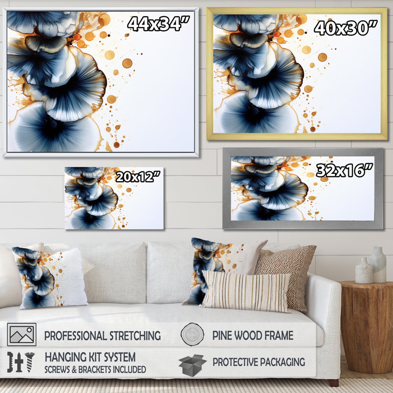 «Lovely Dreams Rhythms Gold & Denim Ink Clouds», reproduction d'art sur toile, Cadre flottant noir, 30" H x 40" W