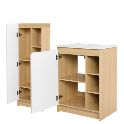 Ensemble de meuble-lavabo 24 po avec lavabo et armoire de salle de bain haute de 16 po, ensemble de meuble-lavabo en contreplaqué de chêne clair avec lavabo en céramique à bord mince, panneaux de porte interchangeables noir et blanc, solution de rangement moderne