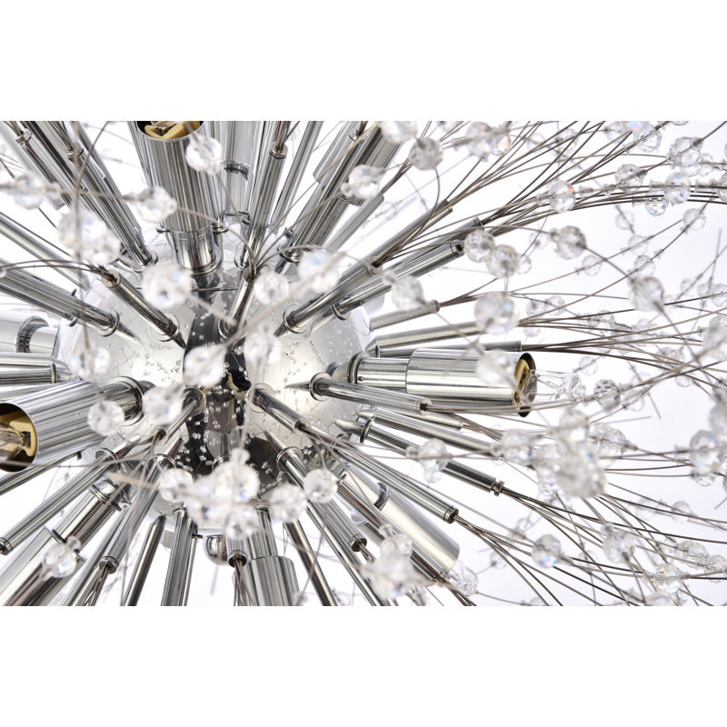 Luminaire suspendu sphérique unique avec détails en cristal, Chrome, H 60 po x l 17,7 po x P 17,7 po, 9 lumières
