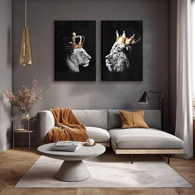 Black Lion Wall Art Lion And Lioness Canvas Wall Art King And Queen Lion With Crown Wall Decor Wild Animal Couple Pictures Prints Posters Ready To Hang(16X24in)