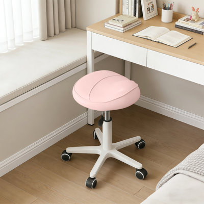 Tabouret ergonomique pivotant à roulettes, réglable en hauteur, avec assise rembourrée épaisse, pour salon de coiffure, domicile ou bureau, rose