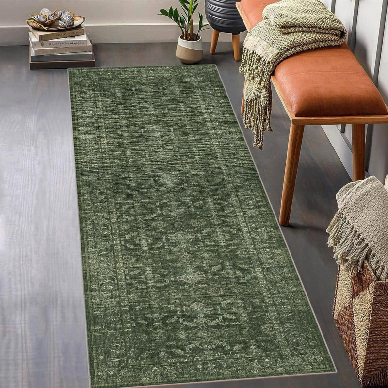 Vintage Boho Area Rug - Washable Non Slip Low Pile Rug, Runner 2' x 6', Dark Green