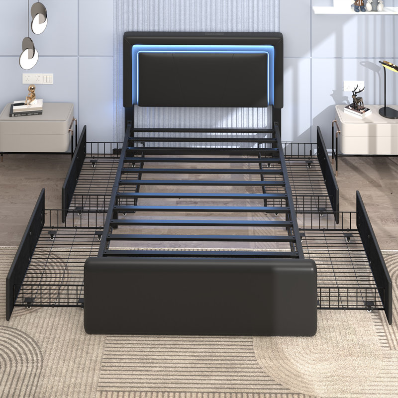 Upholstered Platform Bed with 4 Large Storage Drawers, RGB LED lights, Charging Station, Adjustable Headboard, Easy Assembly