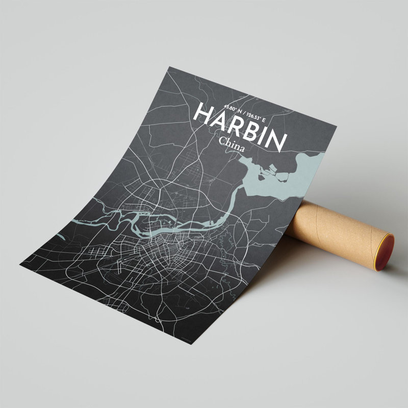 «Harbin City Map», impression, Gris / noir, H 24 po x l 18 po