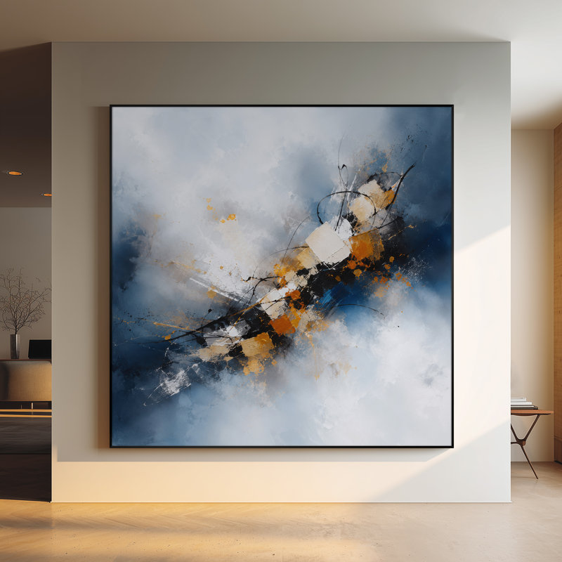 Impression sur tissu grand format - Motif abstrait dynamique bleu, gris et orange pour salon ou chambre - « Assemblage du cadre requis (cadre non fini) »
