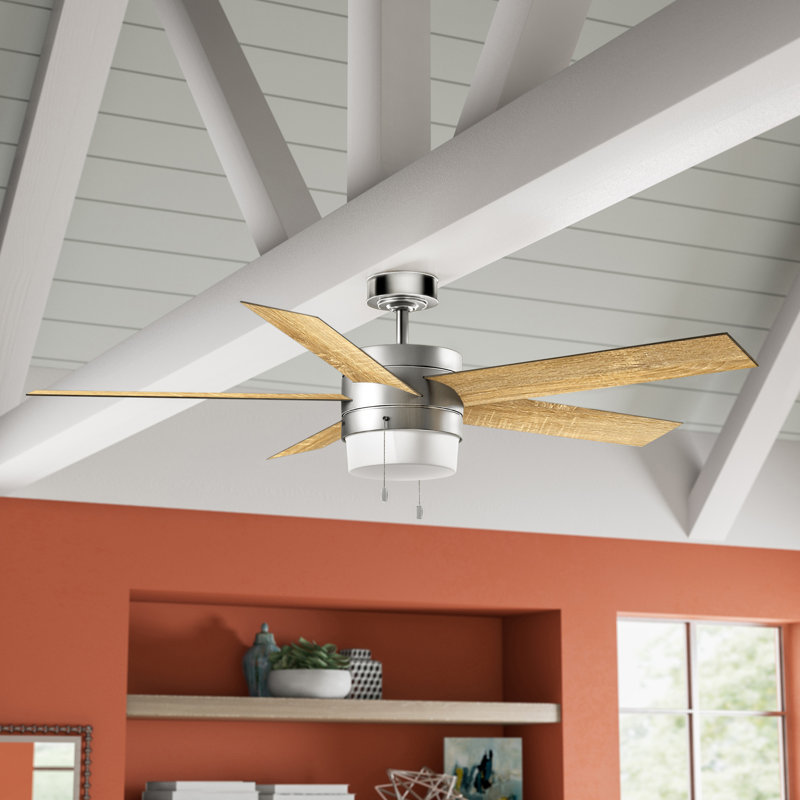 52" Claudette 5 - Blade LED Standard Ceiling Fan with Pull Chain and Light Kit Included, Polished Nickel