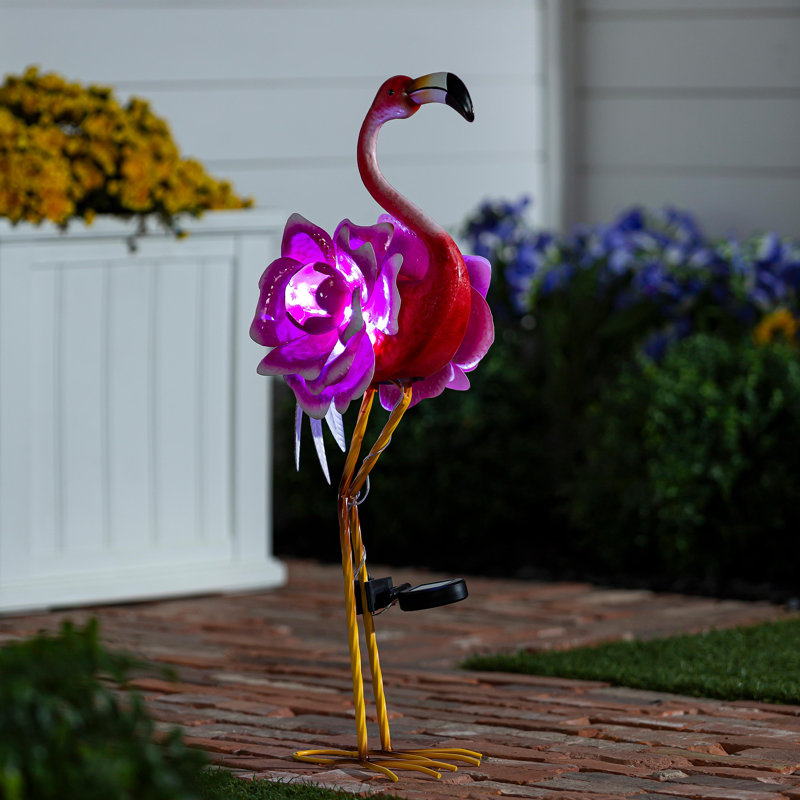 Flamant solaire en métal avec corps de fleur, H 28 po