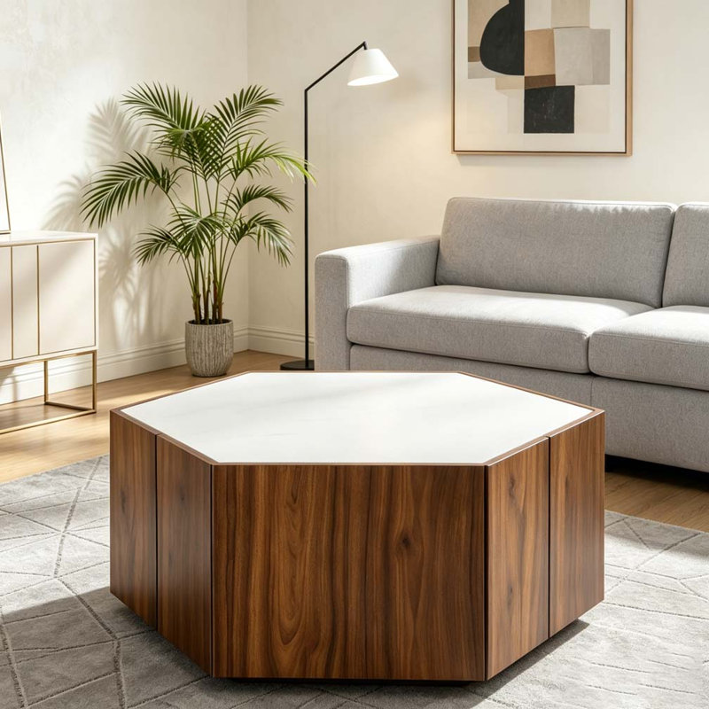 Table basse Retro, Blanc + noyer
