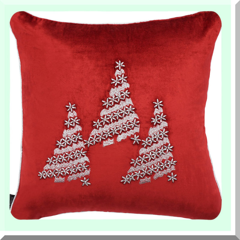 Winter Tree Red/Silver Beaded Square Pillow
