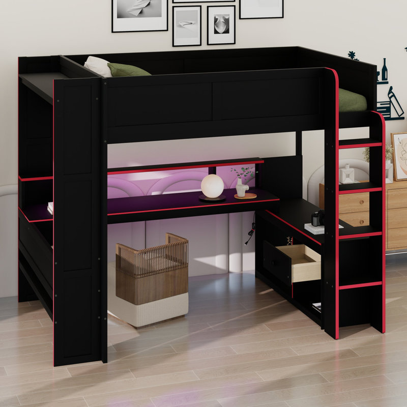 Lit mezzanine avec bureau de jeu, étagères, bande lumineuse et borne de recharge pour chambres à coucher peu encombrantes