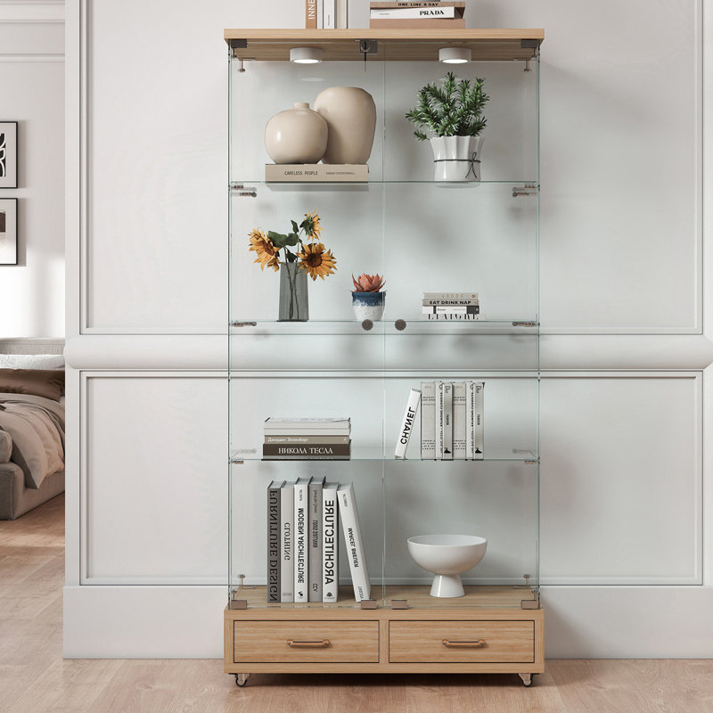 Modern Glass Display Cabinet With 2 Large Drawers, Natural