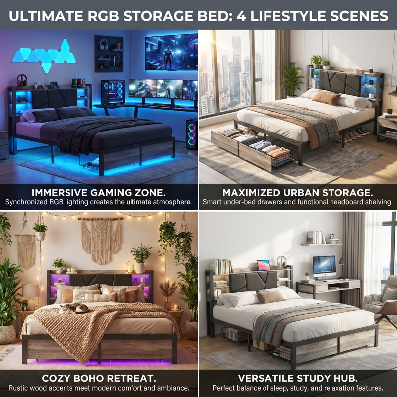 EU Double & King RGB LED Metal Storage Platform Bed with USB-C Charging, PU Tufted Headboard & 2 Footboard Drawers, Black,  140/160x200cm