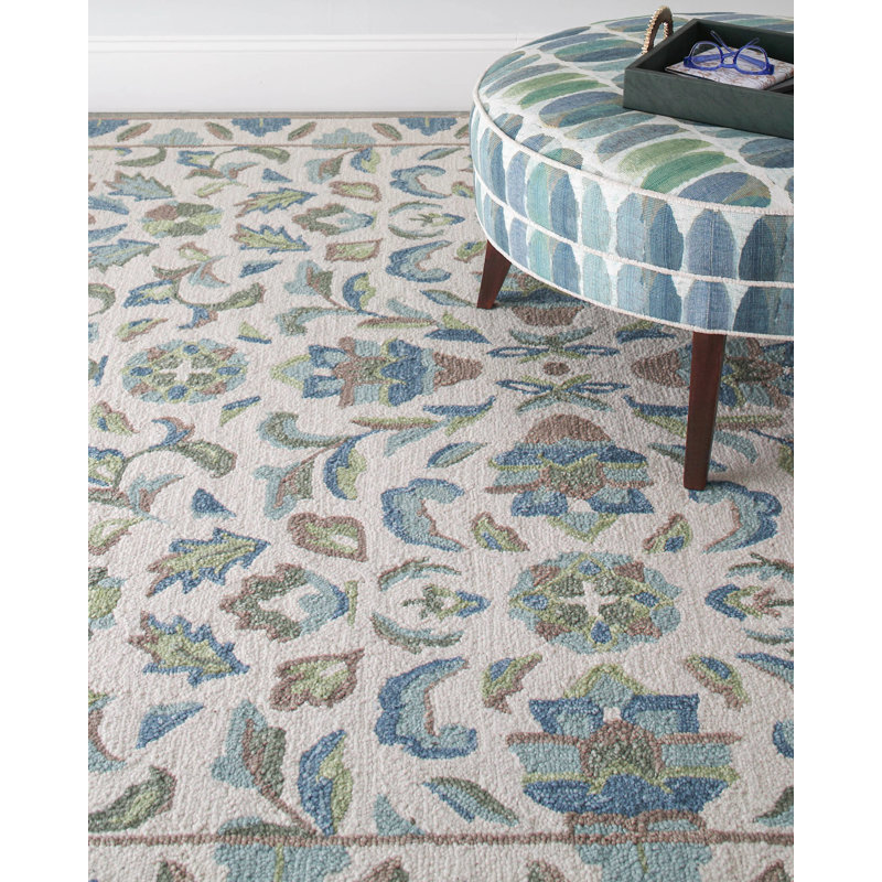 Lugano Hand-Tufted Wool Loop Pile Indoor Rug Traditional Bordered Cream/Blue/Green, Rectangle 8' x 10'