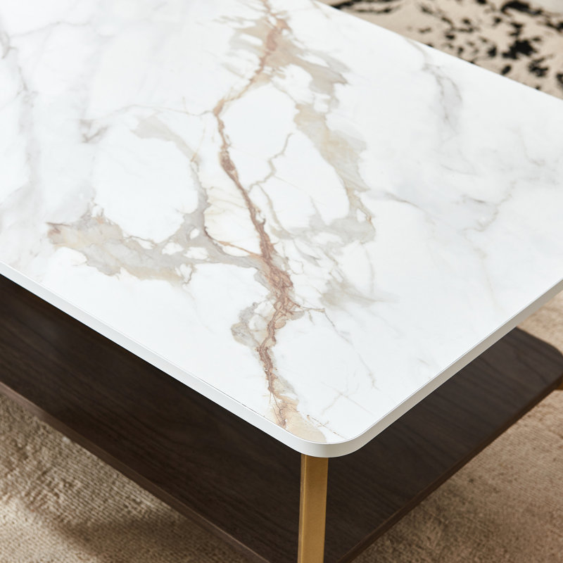 Table de salon - rectangulaire, dorée et blanche, en métal, spacieuse, facile à installer et à essuyer, fabrication en métal doré et blanc robuste, propre