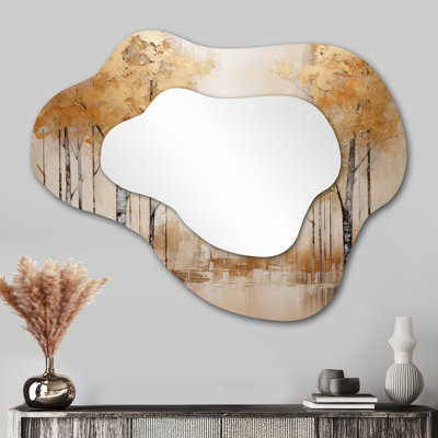 Minimalism Beige And Gold Forest - Forest Cloud Decorative Wall Mirror, Traditional Asymmetrical Mirror, Printed Metal Art
