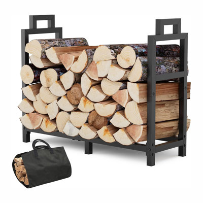 Range-bûches antirouille, râtelier à bûches de 76 cm (30 pouces), pour l'intérieur et l'extérieur, avec poignée et sac de transport. Support à bûches robuste et stable en métal noir, idéal pour foyer, terrasse ou patio. Forme carrée.