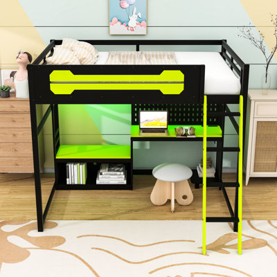 Full-Size Gaming Loft Bed With Desk, LED Lights, USB Ports, And Customizable Pegboard