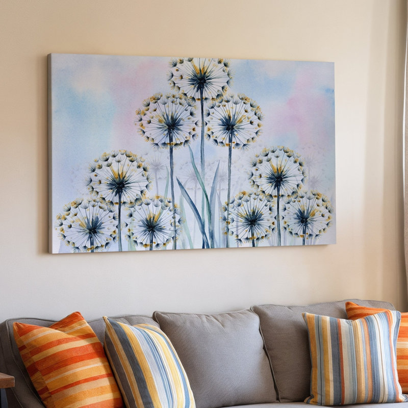 Toile, composition sereine à l'aquarelle avec délicat pissenlit éthéré, art mural avec pétales blancs translucides