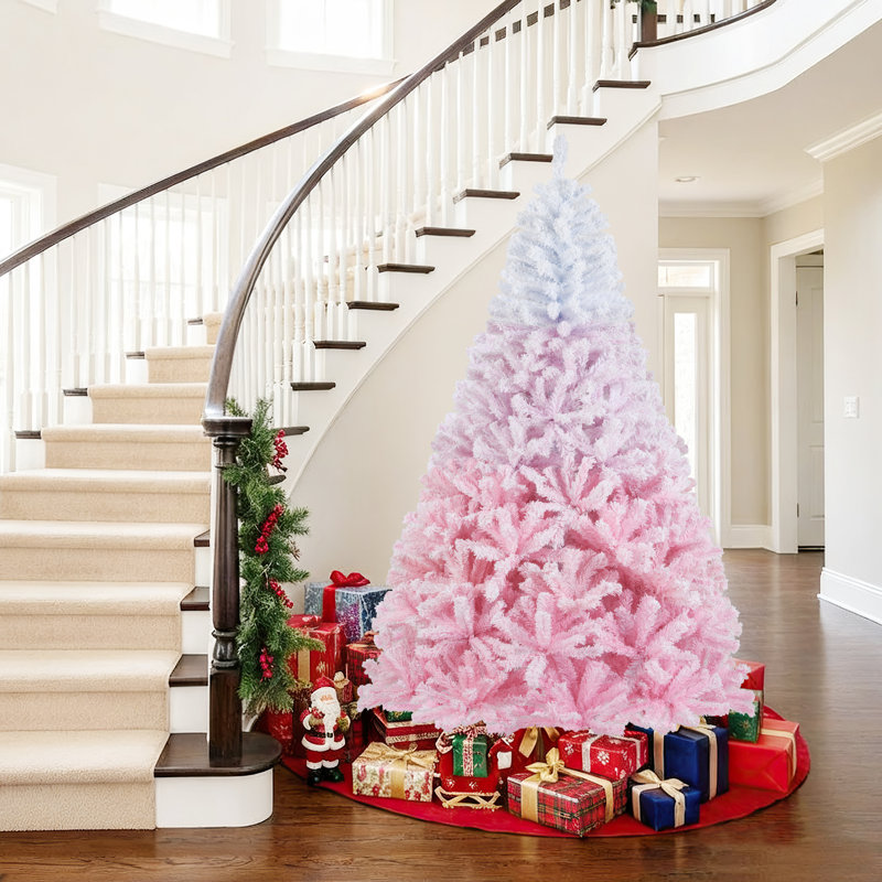 Arbre de Noël artificiel 7 pi avec 1264 branches et base pliante en métal blanc et rose, H 7 pi, Blanc / Rose