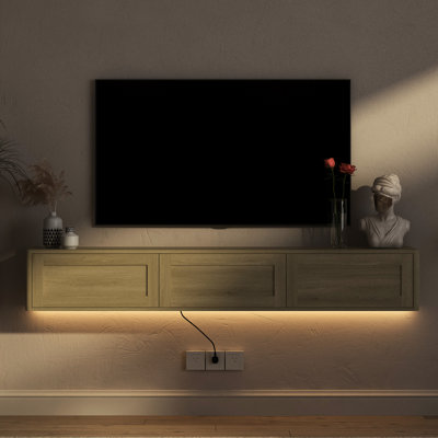 Meuble télé flottant mural avec lumières DEL Armoire en bois ultrabrillante pour prise de courant pour salon