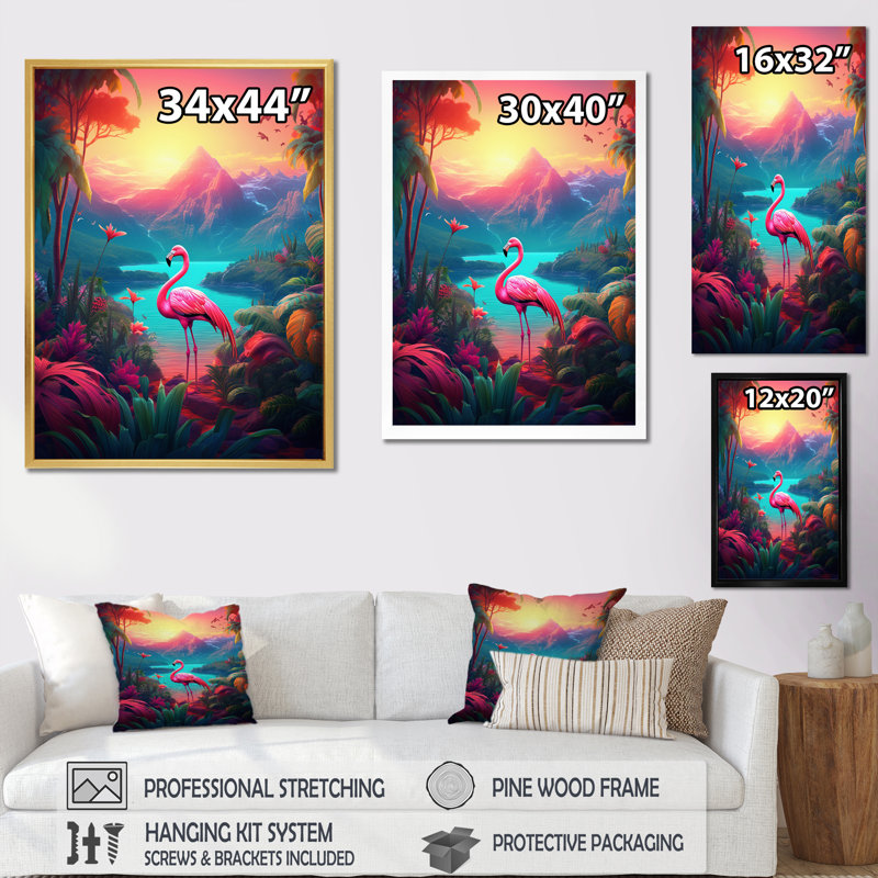 Flamant rose dans un paysage tropical - Art mural flamant rose, H 20 po x l 12 po x P 1 po, Cadre simple noir