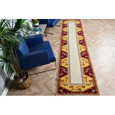 Tapis de couloir turc fait à la main dans des motifs éclatants de couleur jaune et rouge pour couloir ou décoration en pure laine