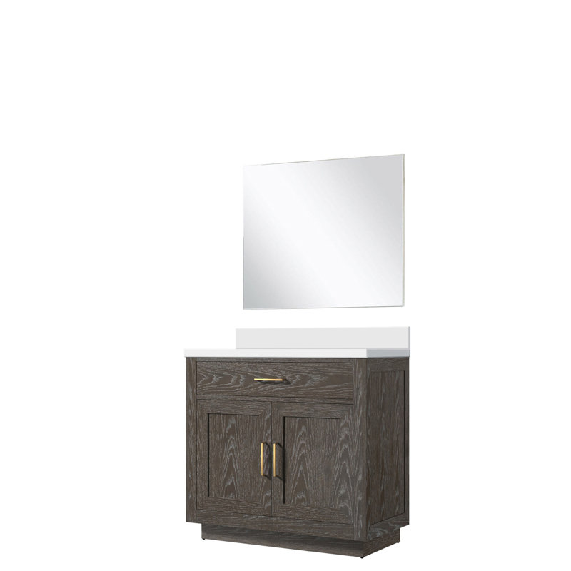 Meuble-lavabo en chêne brun 36 po L 22 po x P 22 po, comptoir en marbre de culture et miroir 34, fermeture en douceur, comptoir d'armoire en bois et structure, combinaison