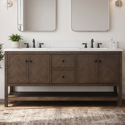 Meuble-lavabo double autoportant à chevrons 72 po avec plateau en pierre reconstituée Chazden