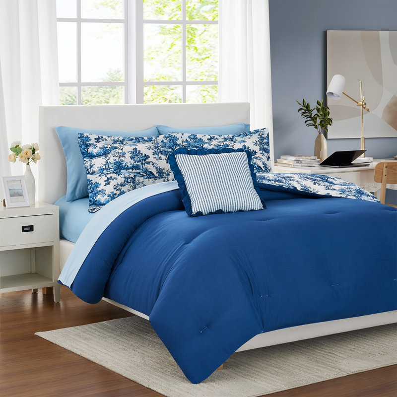 Modern Threads Printed Complete Bed Set - Shaya Toile Design, Full Comforter + 7 Additional Pieces