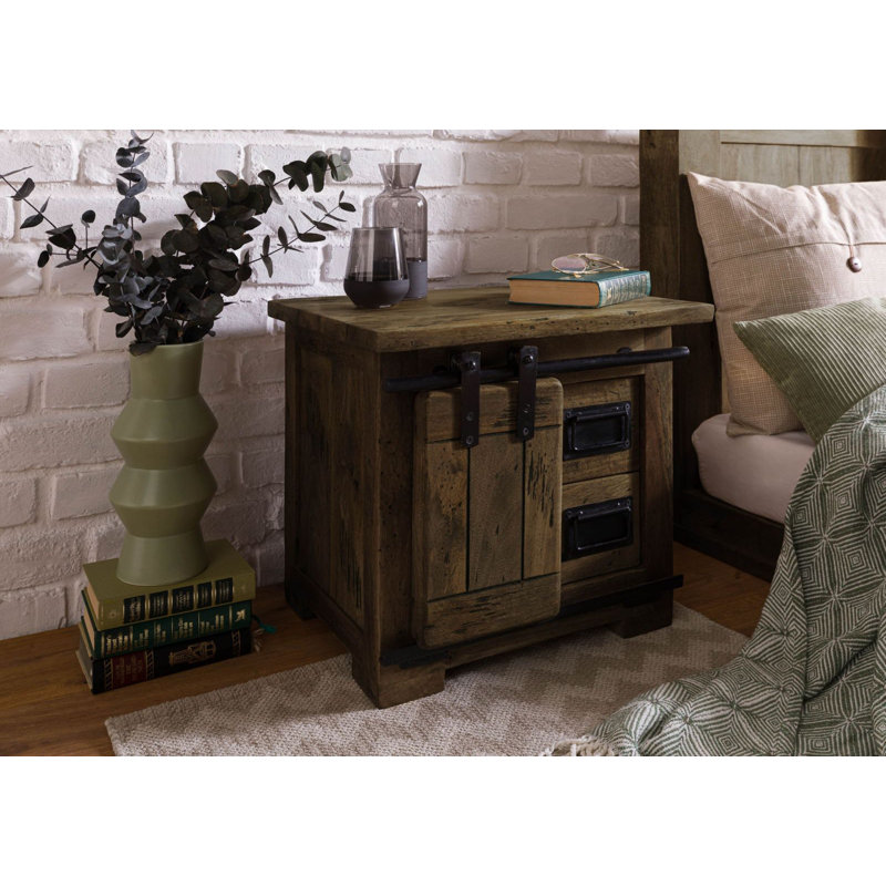 Railway 50cm W Solid Wood Bedside Table, Brown, white and pink