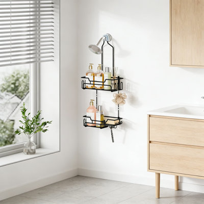 Over The Shower Head Caddy, 2-Tier Hanging Shower Organizer With 14 Hooks And Soap Holder, Rustproof No-Drill Bathroom Storage Shelf With Anti-Slip And Anti-Swing Design
