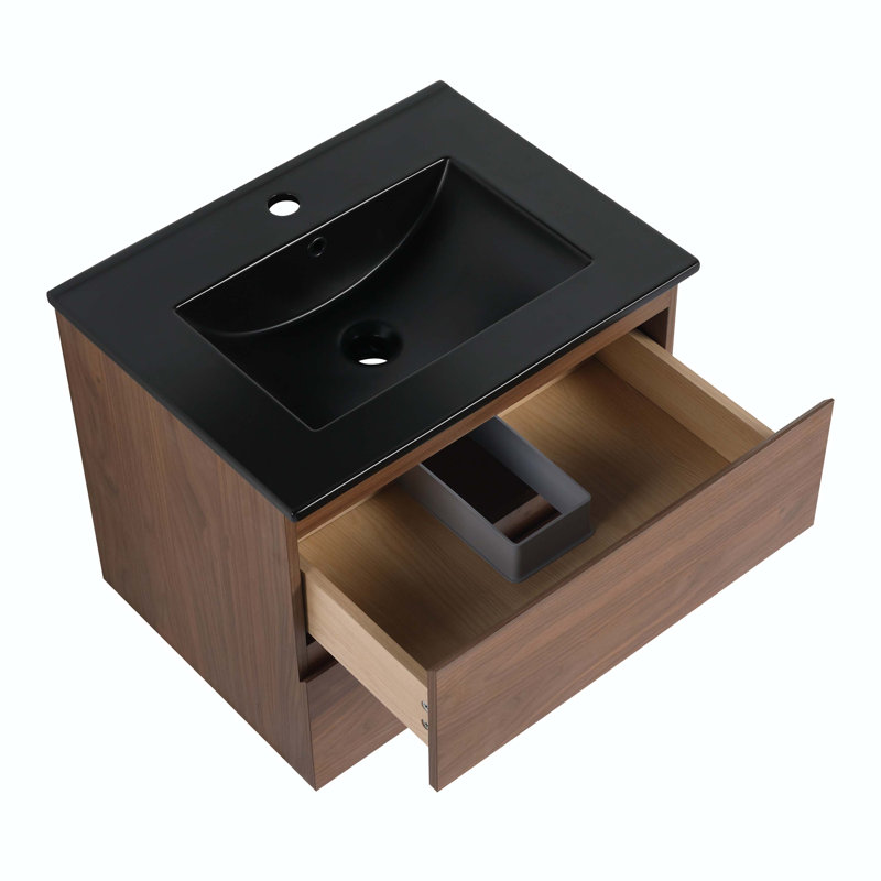 Ensemble de meuble-lavabo simple 24 po avec plateau en bois manufacturé Polloro, Noir, Chêne brun