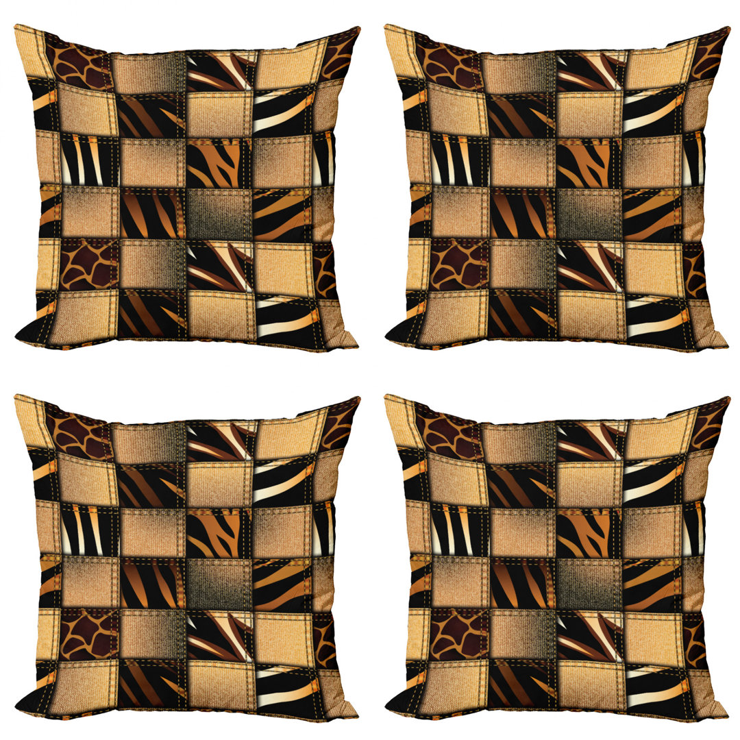 Ambesonne Safari Throw Pillow Cushion Case Pack Of 4, Jeans Denim Patchwork In Safari Style Wilderness Design Art Print, Modern Accent Double-Sided Digital Printing, 16", Brown And Black (Set of 4) Ambesonne 