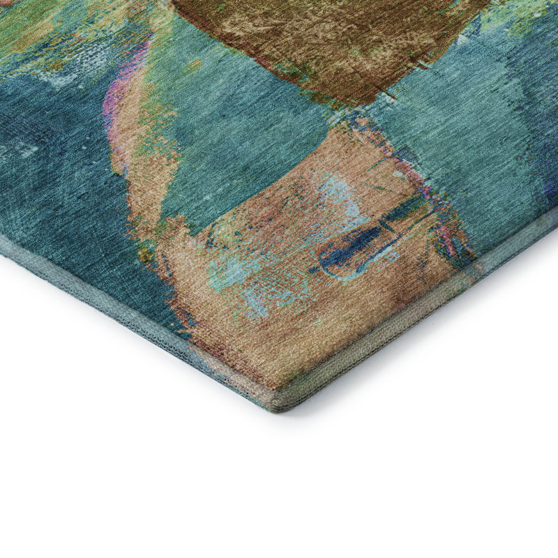 Premium Machine Washable Mayfield AMF2040 Abstract Rug, Teal, 8' Round